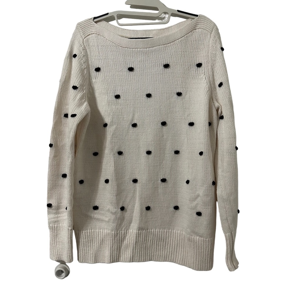 LOFT Women White Black Polka Dot Pom Pom Boat Neck Shaker Knit Sweater Large NWT